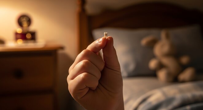 Child holding lost baby tooth