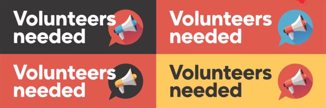 Bold Volunteer Recruitment Colorful Volunteers Needed Message with Megaphone Icon in Four Variations