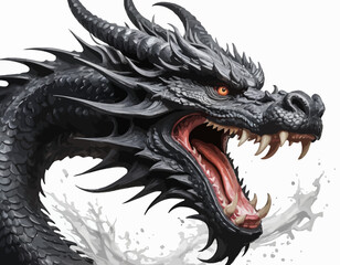The dragon is presented in a monochrome palette, primarily in shades of gray and white, which highlights its intricate textures and forms. Its long, serpentine body is coiled, and it is depicted with 