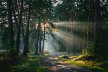 Obraz premium Sun rays shining through trees in a forest on a bright summer morning