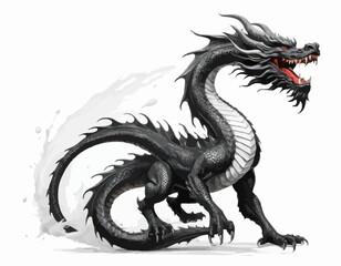 The dragon is presented in a monochrome palette, primarily in shades of gray and white, which highlights its intricate textures and forms. Its long, serpentine body is coiled, and it is depicted with 
