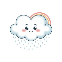 Smiling Cloud and Rainbow: A cute, illustrated cloud with a cheerful face, gently raining, accompanied by a colorful rainbow, evokes a sense of joy and whimsy.
