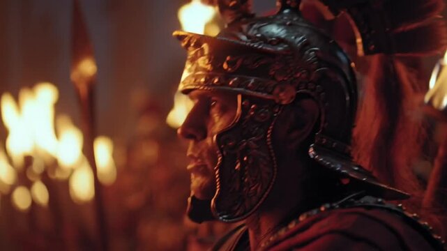 Close-up of Roman commander addressing elite centurions sacred war ritual circle before battle. Soldiers eyes loyalty. Flaming torches ancient emotion, cinematic ancient Rome mythos mood