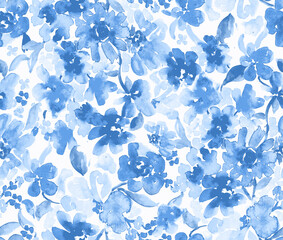 Beautiful blue floral abstact watercolor textured seamless pattern 