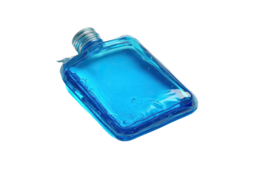 3D rendering of a vibrant blue rectangular flask. Clear liquid inside
