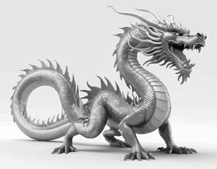 Obraz premium The dragon is presented in a monochrome palette, primarily in shades of gray and white, which highlights its intricate textures and forms. Its long, serpentine body is coiled, and it is depicted with 