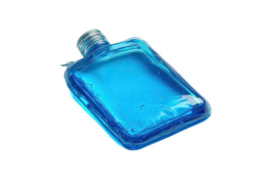 3D rendering of a vibrant blue rectangular flask. Clear liquid inside