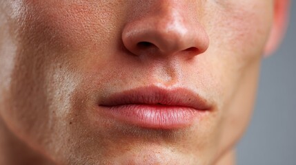 Obraz premium Alexithymia concept. Close-up of a man's lips and chin with detailed skin texture.