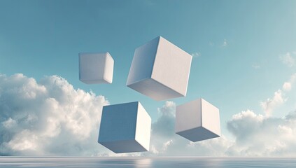 Four white cubes float in a tranquil sky