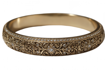 Gold bangle, intricate floral design, diamond accents