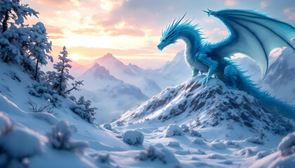 Majestic blue dragon surveys snowy mountain peaks at sunrise, radiating power and fantasy.