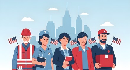 Labor Day Celebration with American Workers and Flags in the City