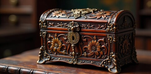 Elegant antique chest jewelry box, intricately carved with floral details, perfect for storing precious valuables Rich mahogany finish, ornate brass hardware, vintage charm , timeworn, old