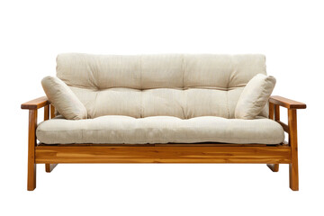 Fototapeta premium Light beige fabric sofa with wooden frame