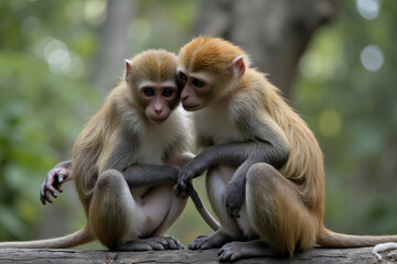 Naklejka premium Monkeys Cuddling on Branch in Nature with Green Background