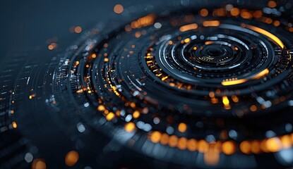 Abstract, circular, technological design with concentric rings and glowing elements.  Dark, rich tones and intricate details create a sense of complex machinery