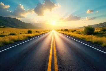 Naklejka premium Endless asphalt ribbon vanishing into the hazy distance, sun-drenched landscape stretching towards the horizon A scenic summer highway journey awaits , destination, distance, day