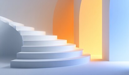 Fototapeta premium White spiral staircase leading to a brightly lit, orange-and-blue archway