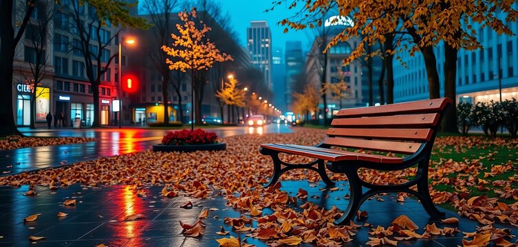 Rainy autumn night City park bench, fallen leaves, cityscape backdrop, leaves, gloomy - Powered by Adobe