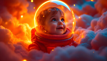 Curious baby astronaut gazes upward in vibrant nebula, dreaming of cosmic adventures.