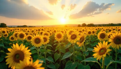 Golden hour sunlight bathes a vast field of sunflowers, creating a breathtaking scene of vibrant yellow and green  Perfect for nature, summer, and agriculture themes , sun, clouds