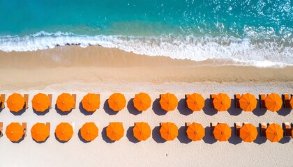 High-angle view of a beach with rows of orange umbrellas