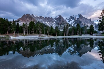 Mountains reflect in the lake water under a cloudy sky at dusk