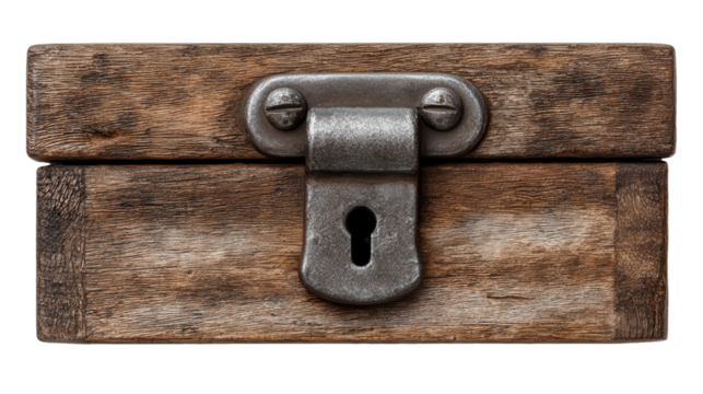 Vintage Wooden Treasure Chest: A detailed close-up of an aged, rustic wooden chest, complete with an antique lock and keyhole, perfect for conveying themes of history and concealed secrets.