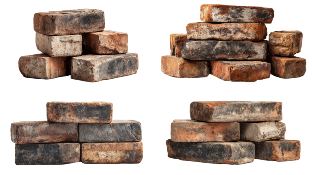 Brick Display: Four distinct piles of weathered bricks showcase the textures and tones of classic brickwork, offering a glimpse into the world of building materials.