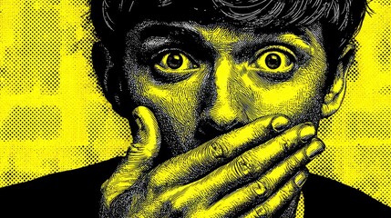 Person hands covering mouth yellow black graphic portrait