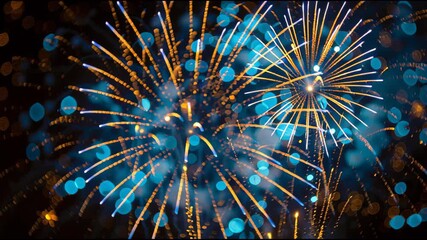 Close-up of vibrant blue and gold fireworks exploding with glowing trails and festive bokeh in night sky, joyful celebration scene, 4K seamless looping video