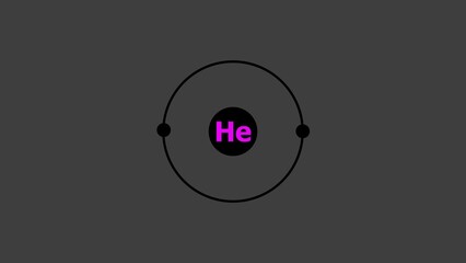 Helium Atom Illustration with Pink He Symbol and Electrons on Gray Background
