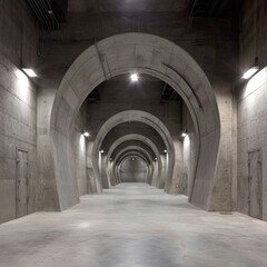 Obraz premium Vast, gray concrete tunnel system. Arched, lit passageways