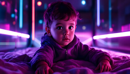 Captivating toddler in vibrant neon lights, evoking wonder and future possibilities.