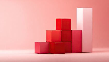 Stacked cubes, red and pink, on a soft pink background, create a rising graph