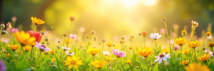 Joyful sunlit meadow scene, vibrant wildflowers swaying gently in a warm breeze  Perfect for projects needing a cheerful, carefree atmosphere ,  light, meadow