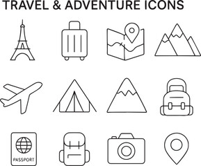 Travel and Adventure Outline Icon Set — Editable Stroke Vector
Includes Map, Hiking, Camping, Landmarks, Mountains, and More