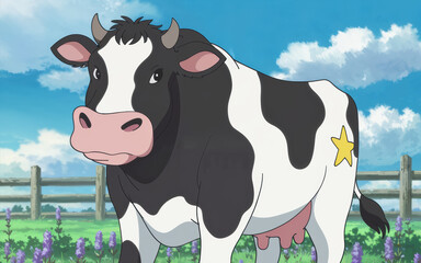 Brown dairy cow grazing in green pasture field