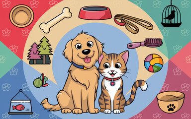 Happy dog and cat relaxing together as family pets