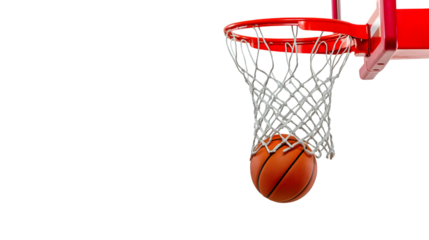 A basketball going through the net with a red hoop on black background on transparent background