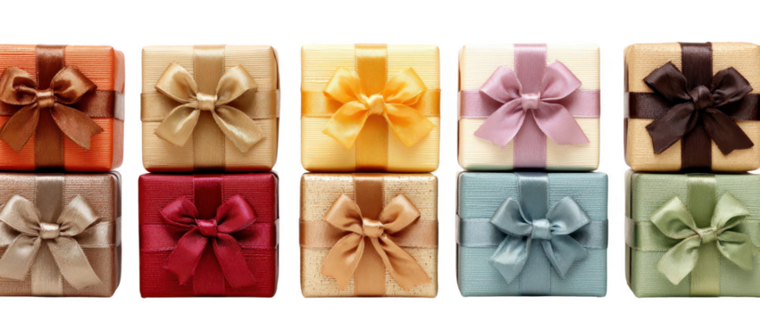 Colorful gift boxes with satin ribbons and bows