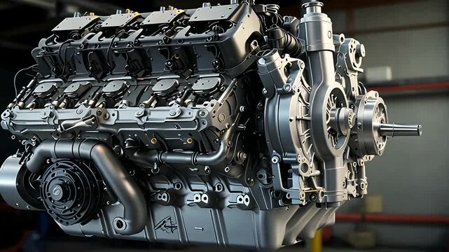 High-Quality Stock image of disassembled truck engine in repair service. Heavy machinery, diesel motor vehicle part close-up. Red truck blurred background. Maintenance, repair.