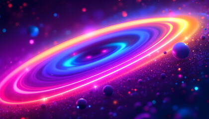 Vibrant cosmic nebula with glowing rings and planets, a stunning deep space vista.