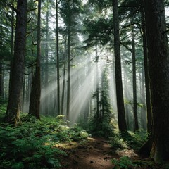 Obraz premium Sunlit Forest with Trees and Ground Vegetation