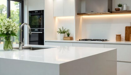 Fototapeta premium Modern kitchen with sleek, pristine white quartz worktop countertop, perfect for food preparation and stylish home design , glossy, seamless, spacious