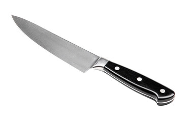 A stainless steel chef's knife with a black handle