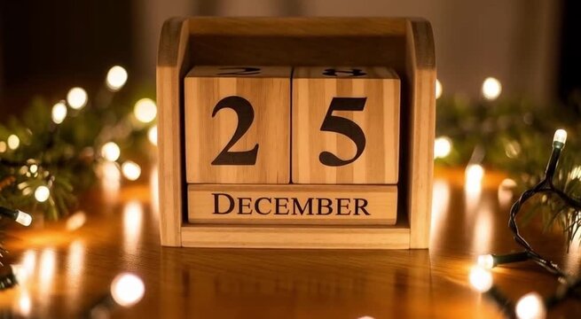 Wooden block calendar displaying december twenty fifth surrounded by christmas lights on a table