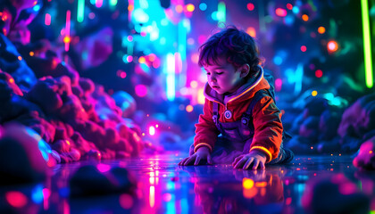 Curious child captivated by vibrant neon lights and bokeh effects in a magical, dreamlike setting