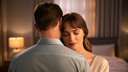 Intimate couple embracing in a bedroom setting