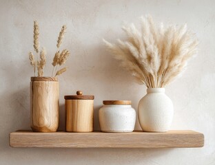 Wooden and ceramic vessels on a shelf,  natural decor